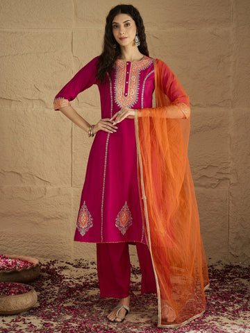 Varanga Women Pink Zari Embroidered Contrast Yoke Kurta With Bottom And Contrast Dupatta
